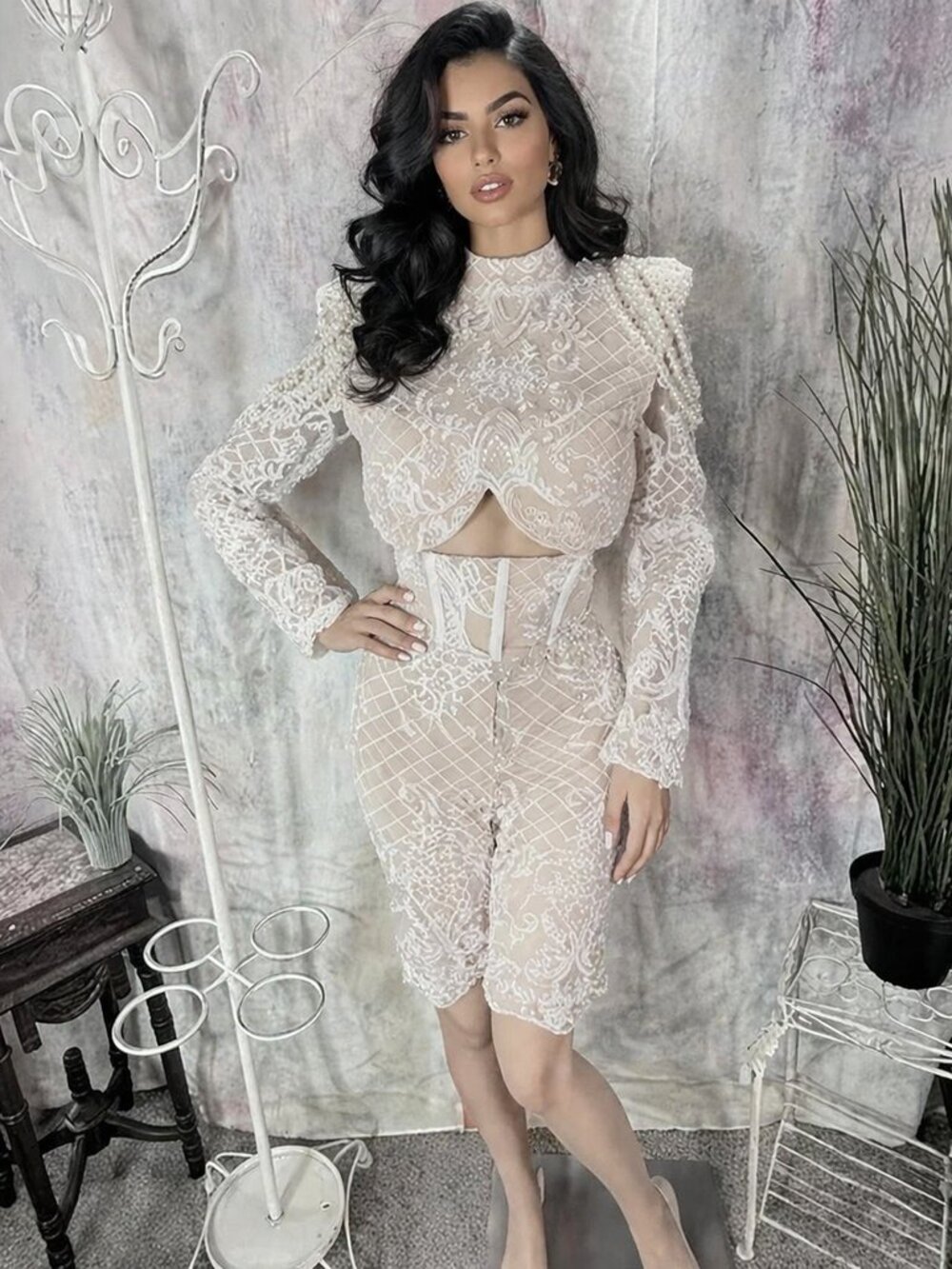 New📌 Blithe Sexy Eyecatcher Party Lace Creme & White High Waistline Shorts Set
